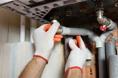 Premium Photo The Worker Is Installing The Gas Boiler Pipes