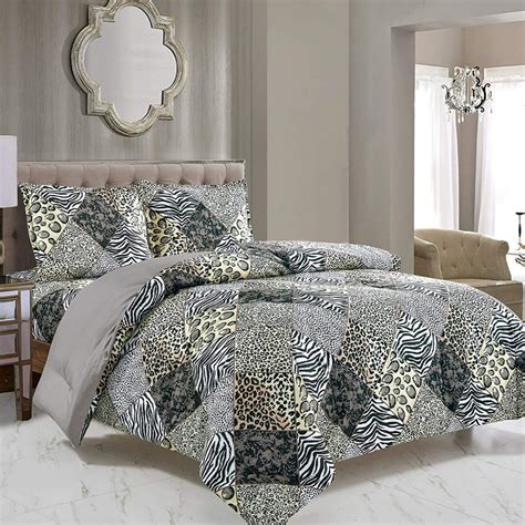 2 Piece Animal Print Comforter With Pillow Sham Black White Gray