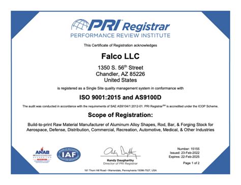 Falco Receives As9100d And Iso 90012015 Certificate Of Registration
