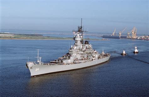 A Port Bow View Of The Battleship Uss Wisconsin Bb 64 As The Vessel Leaves Port To Undergo Sea