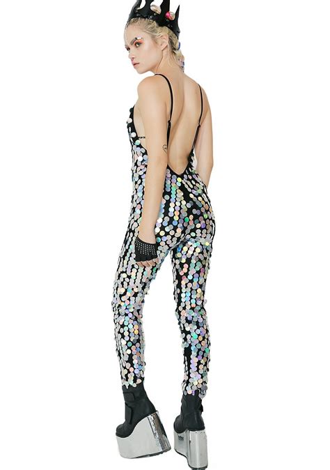 Burners Jaded London Silver Holographic Sequin Plunge Catsuit Jaded
