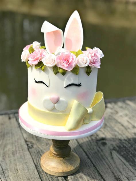 Cute And Simple Easter Bunny Cake With Flower Crown And Pastel Bow Perfect