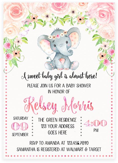 Elephant Invitations Baby Shower Sunflower Girl Elephant Watercolor Png