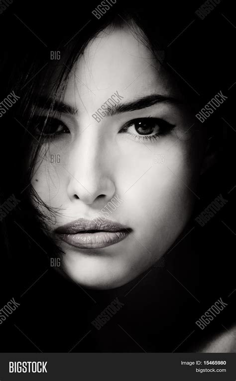 Beautiful Female Face In Black And White Stock Photo