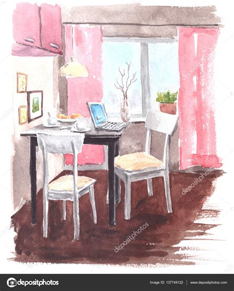 Watercolor Illustration Of Modern Interior Kitchen With A Table And