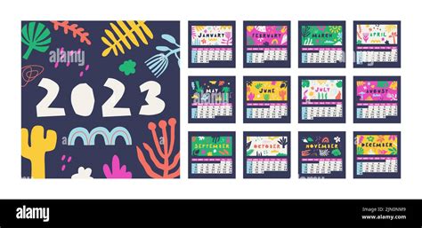 Calendar For 2023 Week Starts On Sunday 12 Months Cute Multicolor