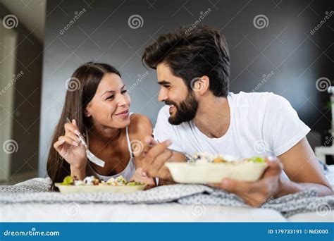 Romantic Happy Couple Having Breakfast In Bed Stock Image Image Of