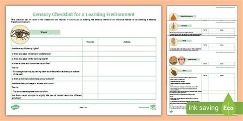 Sensory Checklist For A Learning Environment Teacher Made