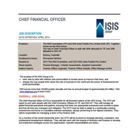 The average salary for a chief financial officer (cfo) in australia is au$156,344. CFO Job Description Template - 9+ Free Word, PDF Format ...