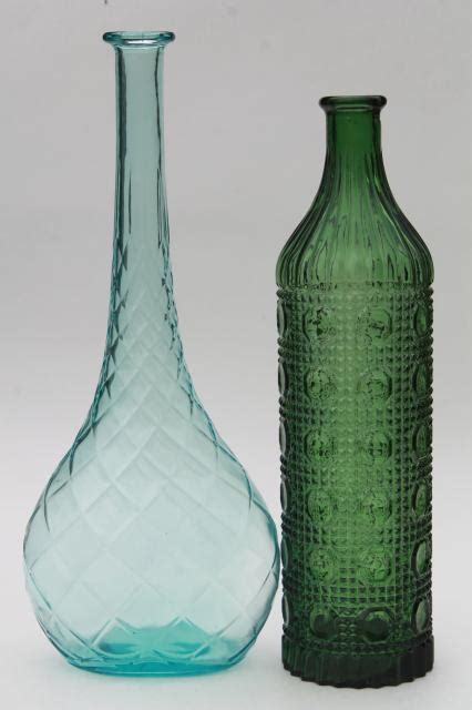 70s Vintage Colored Glass Decanters Tall Mod Genie Bottles In Blue And Green Pressed Glass