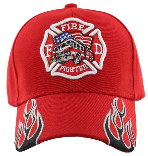 Fire Dept Fire Fighter Side Flames Ball Cap Hat Red Mens Hats