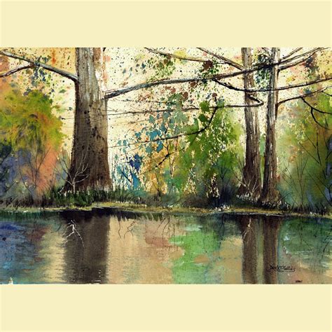 Landscape Painting Watercolor Sycamore Print River With
