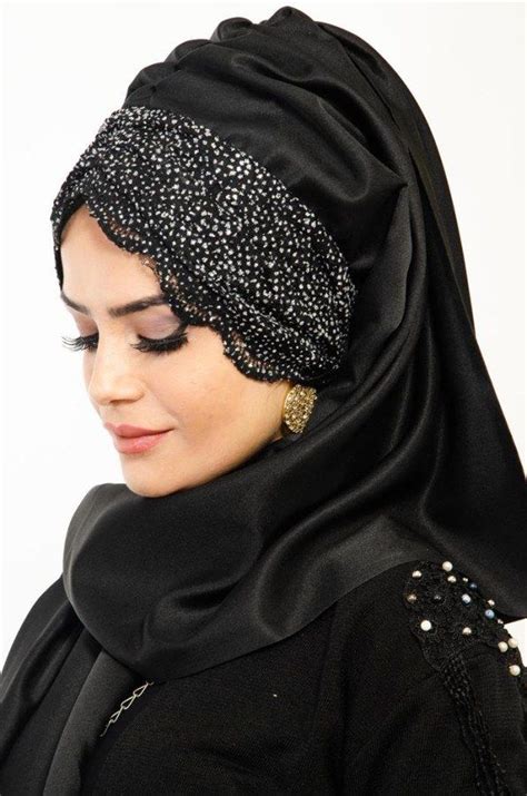 Aişe Tesettür Siyah Gümüş Hazır Bandana Şal 1 Abayas fashion