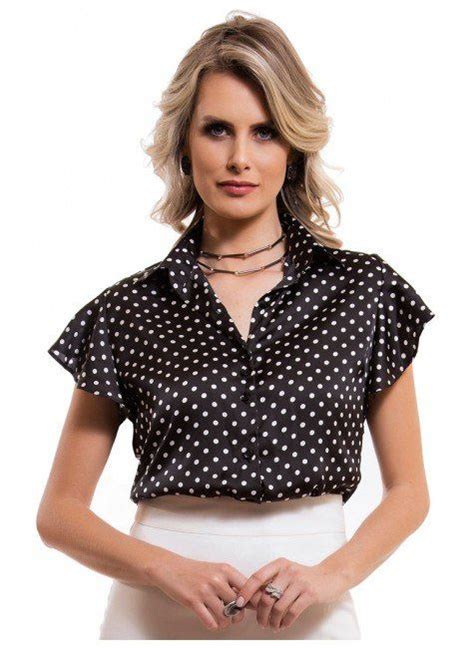 Black And White Polka Dot Satin Fitted Blouse Mm Fitted Blouses Fashion Women