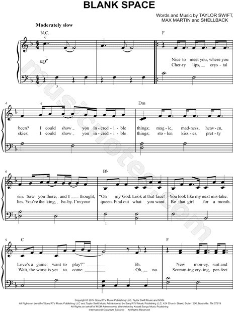 Taylor Swift Blank Space Sheet Music Easy Piano In F