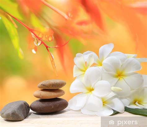 Sticker Zen Spa Concept Background Zen Massage Stones With Frangipani Plumeria Flower And