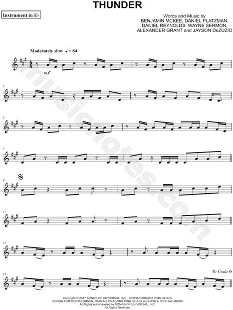 This sheet music features an arrangement for piano and voice with guitar chord frames, with the melody presented in the right hand of the piano part as well as in the vocal line. Thunder - Eb Instrument & Piano by Imagine Dragons Sheet Music Collection (Solo & Accompaniment ...