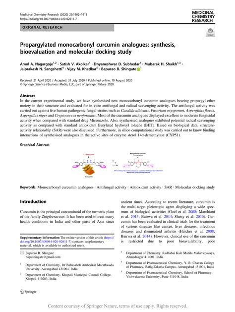 Synthesis Of Propargylated Monocarbonyl Curcumin Analogues Reagent And