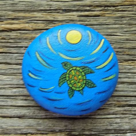 Shining Light Sea Turtle Hand Painted Rock Decorative Accent Stone