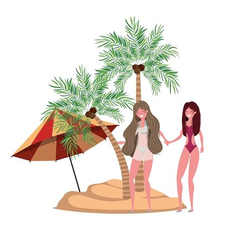 Mujeres en la playa con traje de baño y palmeras Vector Gratis