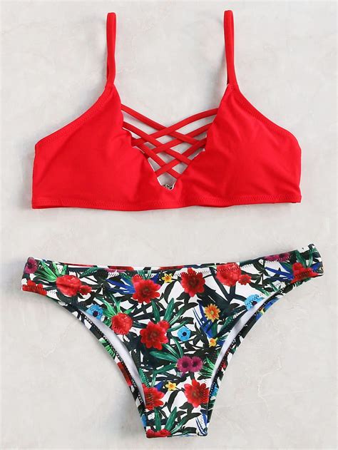 Red Floral Print Criss Cross Bikini Setfor Women Romwe