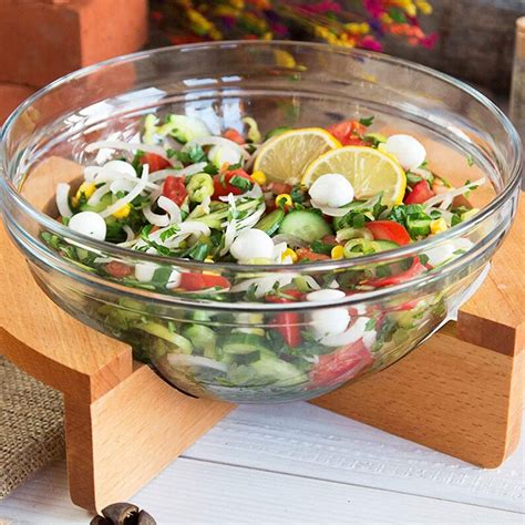Glass Salad Serving Bowl With Wooden Base Large Capacity Etsy