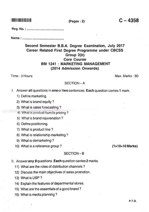 Marketing Management Previous Question Paper Bm C Pages