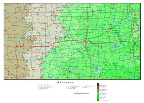 Large Detailed Elevation Map Of Oklahoma State With Roads