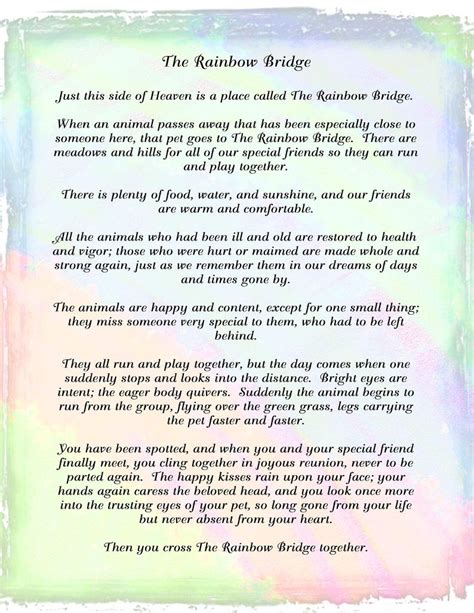 Feel free to download it and print on your computer for yourself or to give to a friend in need. Rainbow Bridge Poem Digital Download Pet Loss Pet Sympathy ...