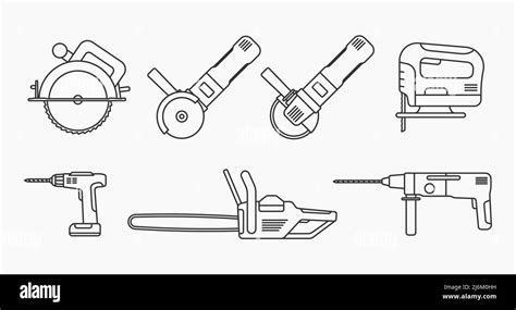 Power Tools Circular Chainsaw Screwdriver Drill Line Icons Set Vector Flat Illustration Stock