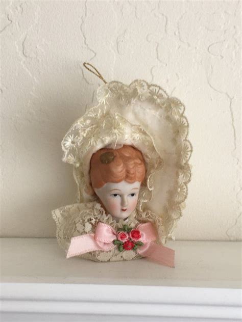Vintage Porcelain Lady Doll Head Ornament Wfabric Lace Bonnet Etsy