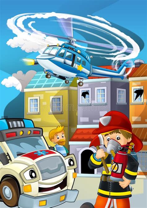 Cartoon Stage With Fireman Fire Fighting Near Some Building Smoking Illustration Stock