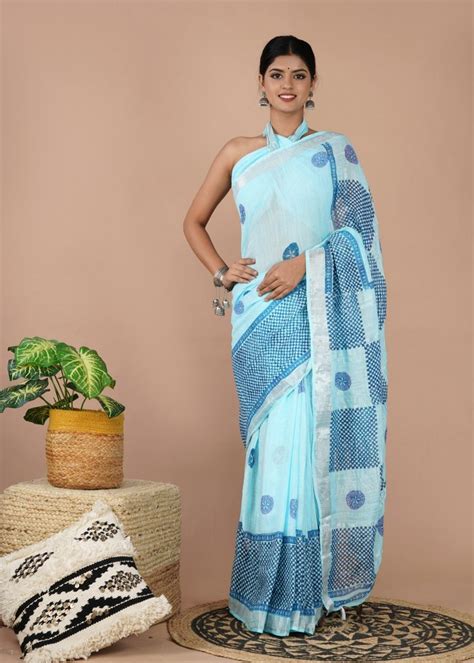 shivanya handicrafts women s linen hand block printed saree with blouse piece cl 027 at rs 650