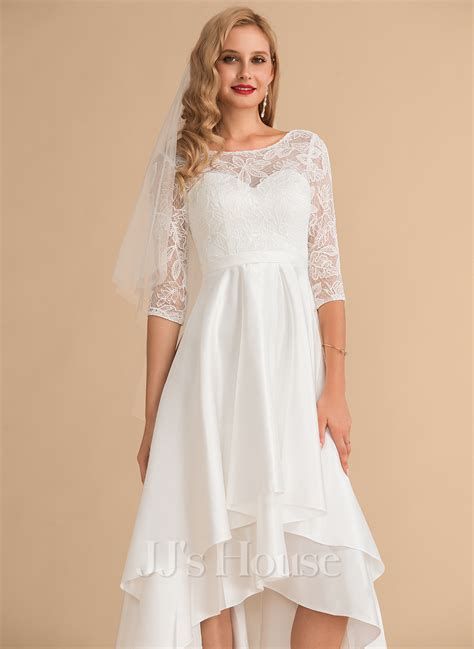 A Line Scoop Asymmetrical Satin Lace Wedding Dress 002215653 Jj S House