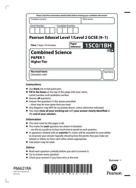 Pearson Edexcel Level 1level 2 Gcse 91 1sc01bh Combined Science