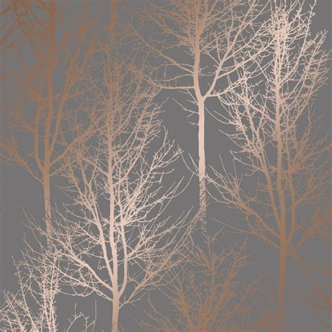 Winter Tree Metallic Wallpaper Dark Grey Rose Gold