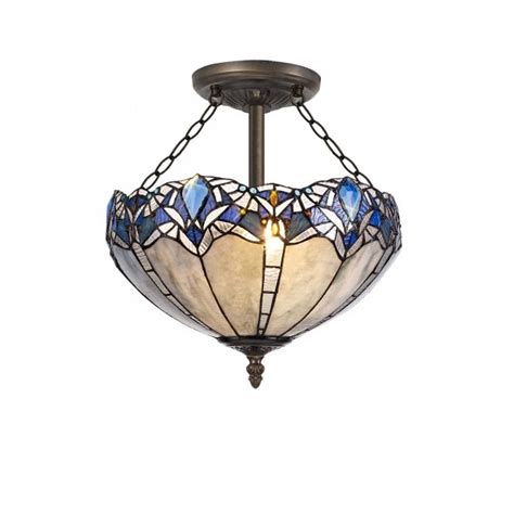 Tiffany 3 Light Semi Flush Ceiling 40cm Blue Clear Crystal