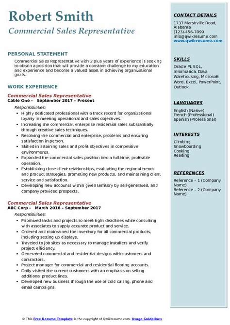 Assist customers in the selection and purchase of products and services. Commercial Sales Representative Resume Samples | QwikResume