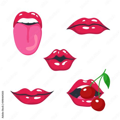 red lips set sexy women lips smile kiss cherry bite tongue out vector illustration on