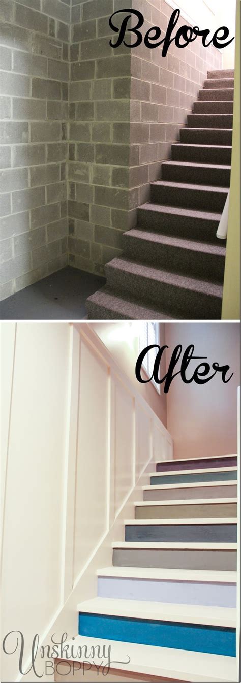 Before And After Of Basement Stairs Painted With Multicolored Paint