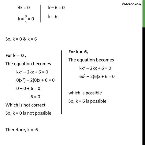 find values of k for which the quadratic equation has equal roots kx