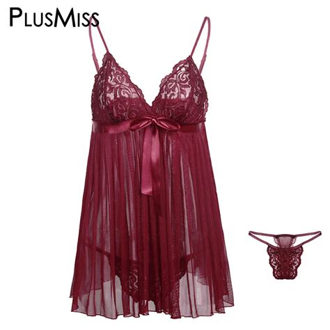 Plusmiss Plus Size Sexy Red Vintage Lace Sleepwear Robe Erotic Lingerie