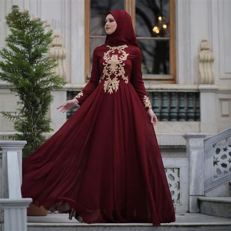 modest arabic muslim evening dresses burgundy a line chiffon gold appliqued evening prom dress