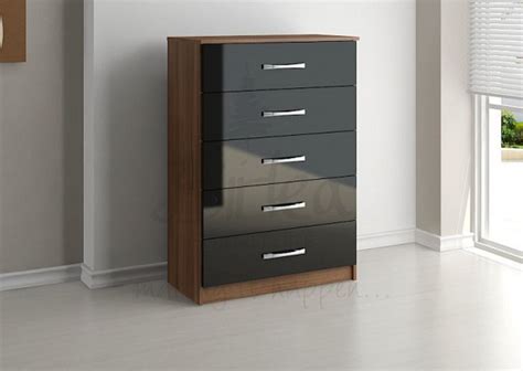 High gloss trio sets from £199. Birlea Lynx Walnut with Black Gloss 5 Drawer Chest of ...