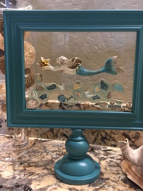 Sea Shells And Mermaid 9 X 10 Teal Frame On A Etsy Sea Glass Window Art Mermaid Wall Art Sea
