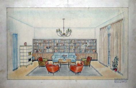 Design Drawing For The Interior Of A Room Nd Gyula Kaesz Retro