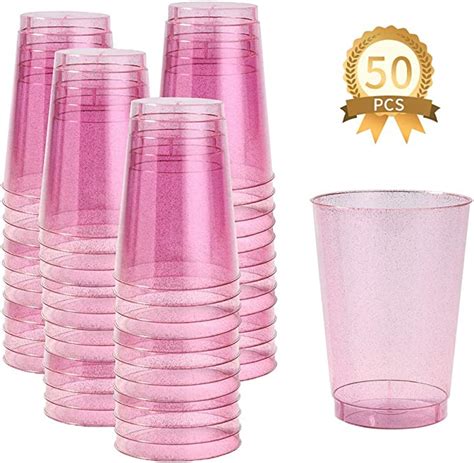 Bglrosoo 12 Oz 50pcs Plastic Cups Disposable Pink Glitter