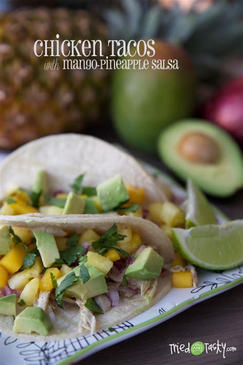 Lightly mix together all ingredients except avocado and cilantro. Chicken Tacos with Mango-Pineapple Salsa - Tried and Tasty