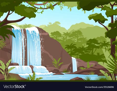 Waterfall Jungle Landscape With Rock Cascade Vector Image