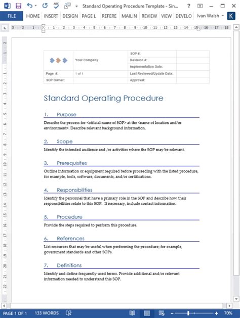 Standard Operating Procedure Sops Templates Templates Forms